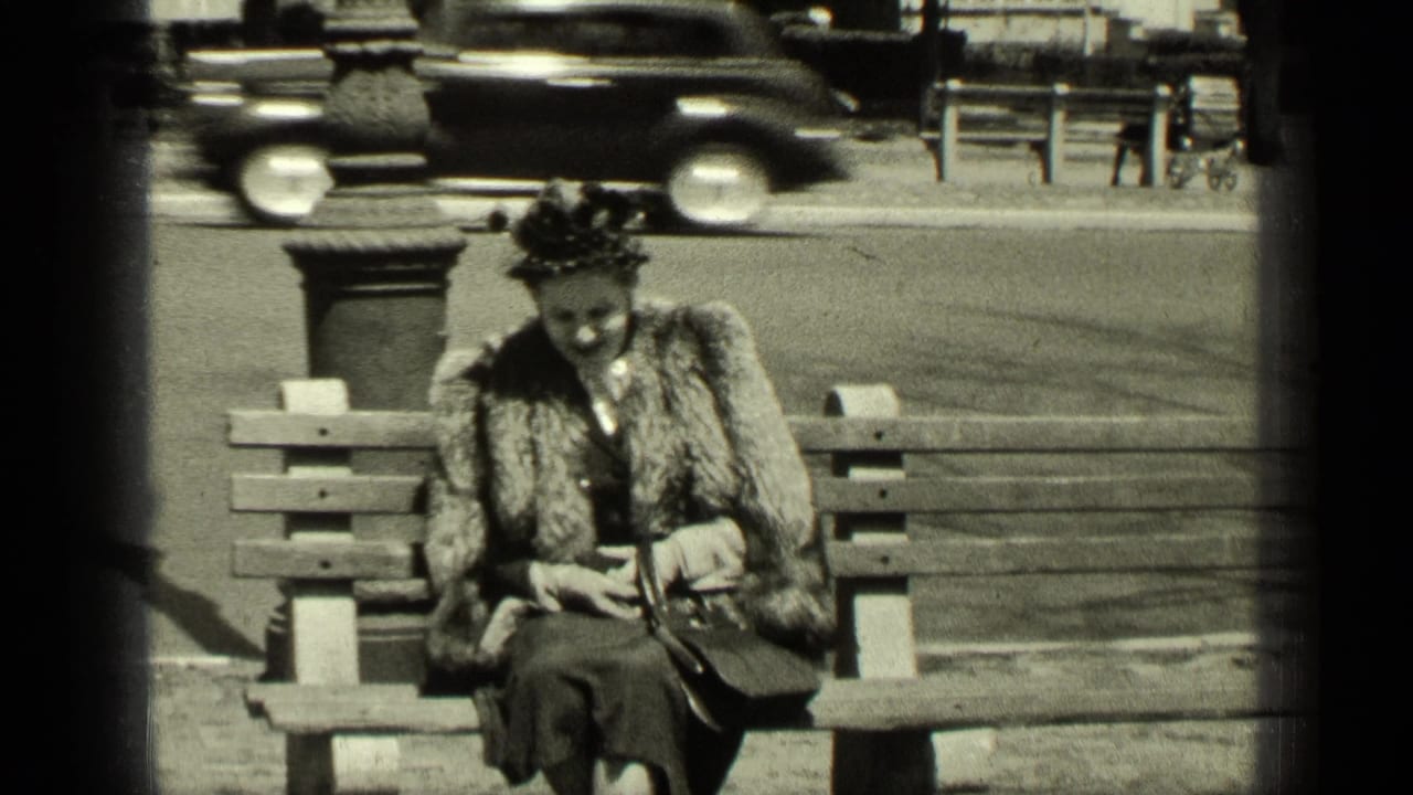 Woman in a fur stole sits on a wooden park bench with traffic behind her.