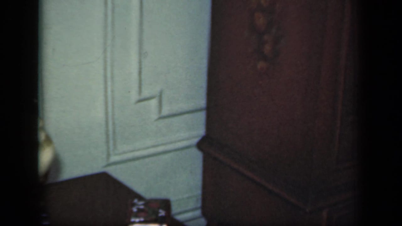 Dark wooden wardrobe beside pale paneled wall in a softly focused interior.