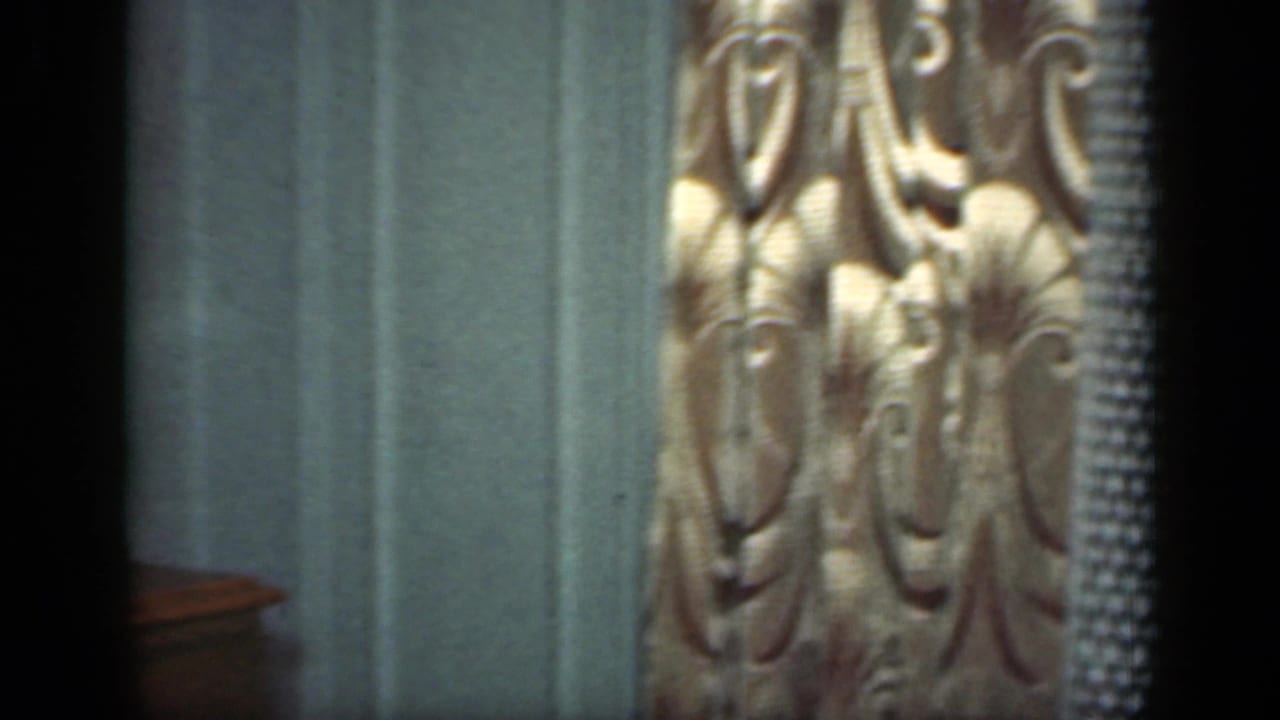 Ornate patterned curtains beside a blue-green wall or drape, with dark film edges visible.