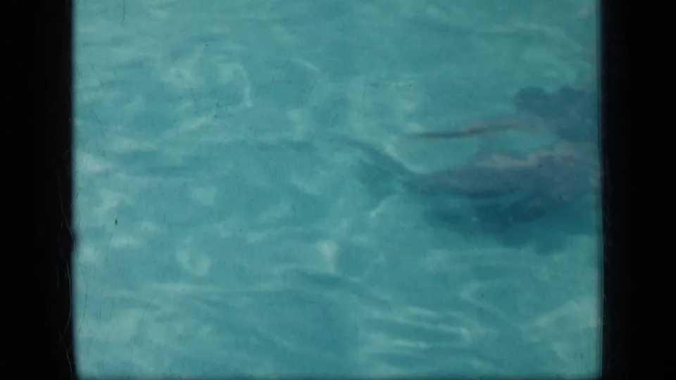 1957 New York 8mm pool frame with a swimmer partly visible near the surface amid bright water ripples.
