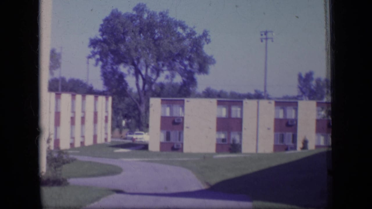 Apartment buildings with lawn, driveway, large tree, and utility pole.