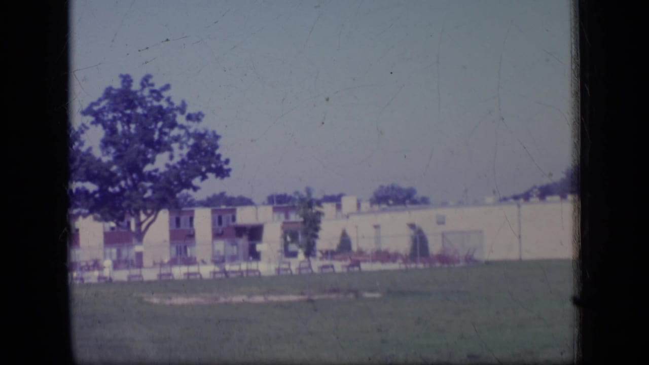 Low-rise apartment complex across a grassy lawn with a large tree at left.