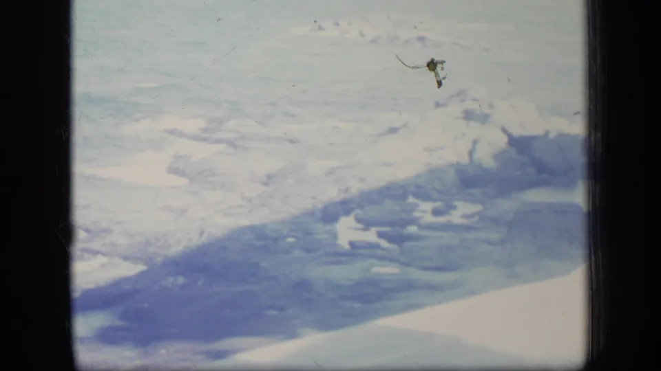 1970 8mm passenger view with aircraft wing in the foreground and snowy coastal or mountainous terrain beneath.