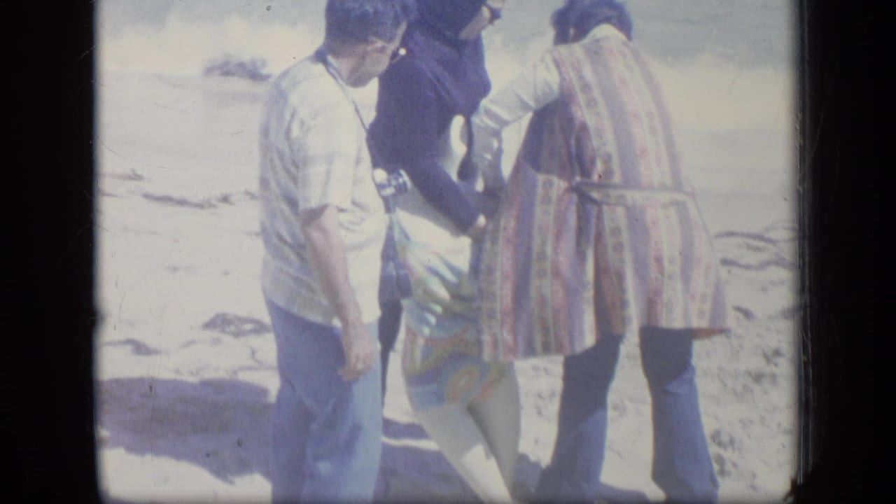 Adults stand on a bright sandy beach around a person low on the sand.