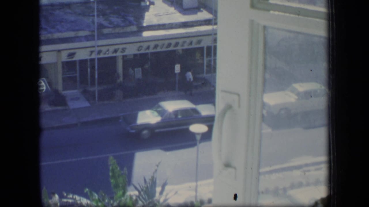 Street seen through open windows with cars and a Trans Caribbean storefront sign.