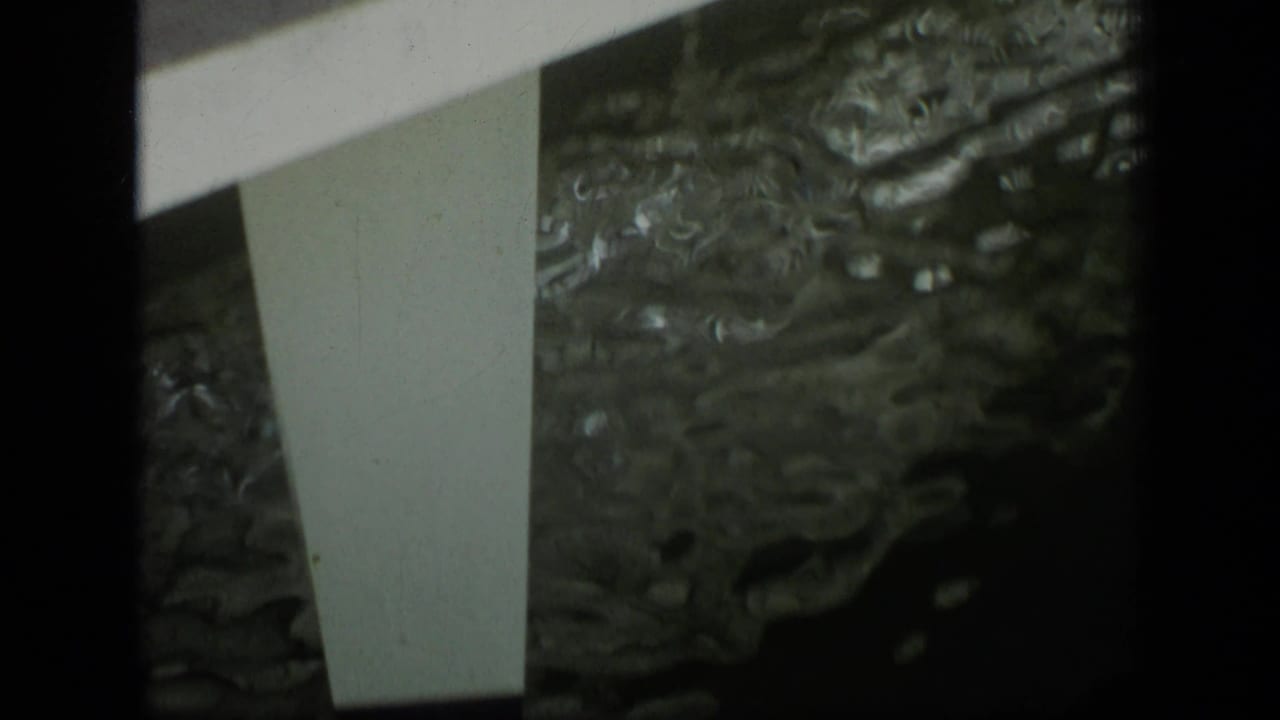 White bridge supports over dark rippling water with film frame edges visible.