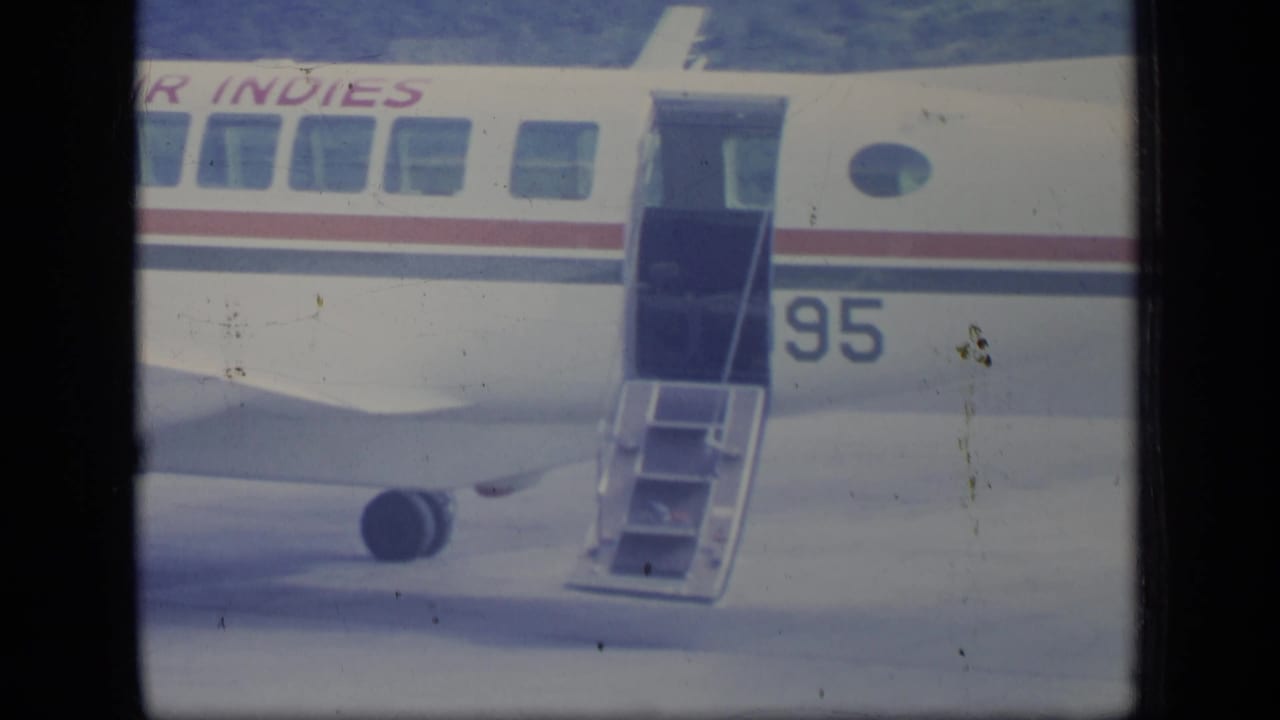 Aircraft fuselage with Air Indies lettering, open door, stairs and number 95.