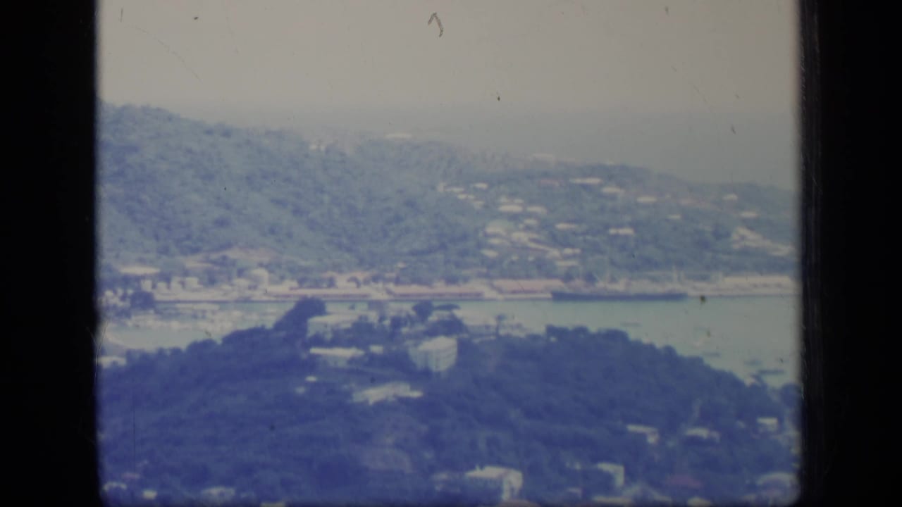 Tree-covered coastal hills overlooking a pale harbor through dark vertical framing.