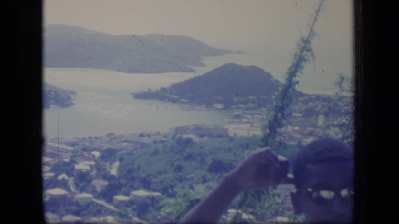 Man in sunglasses holding a camera below a hazy coastal hillside view.