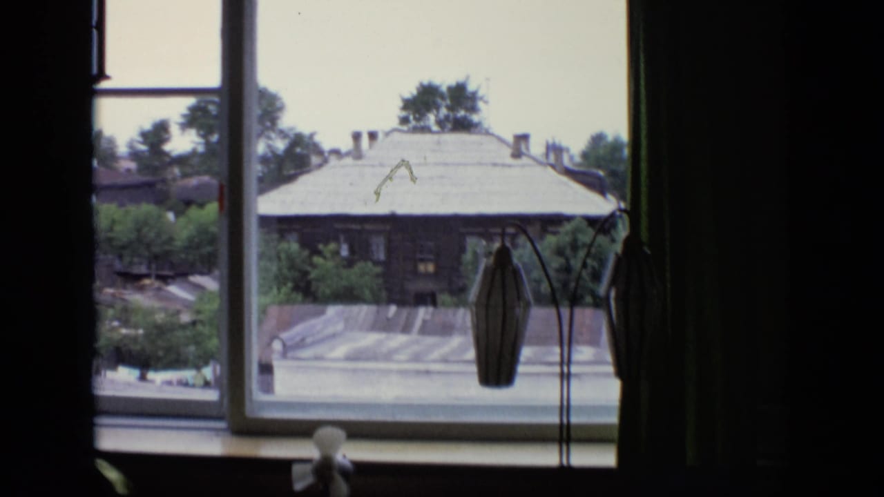 Window view with green curtain edge, striped lamp shade, trees, and a wooden house roof outside.
