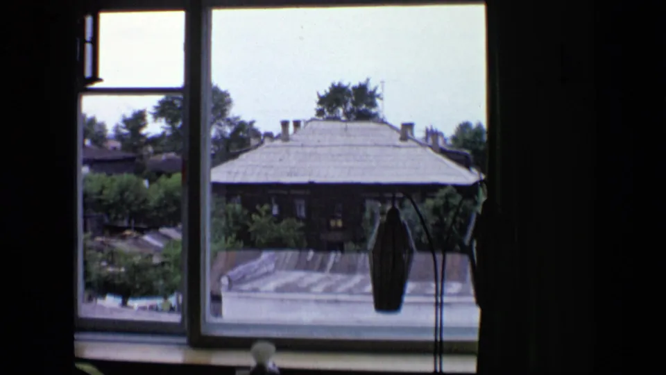 Apartment interior detail with small fan and hanging lamp shade framing the view of a wooden house outside in Moscow.