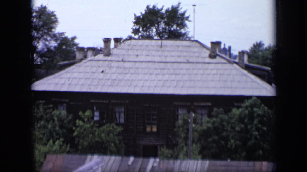 Wooden residential building with a pale grey roof, chimneys, trees, and dark window-frame edges.