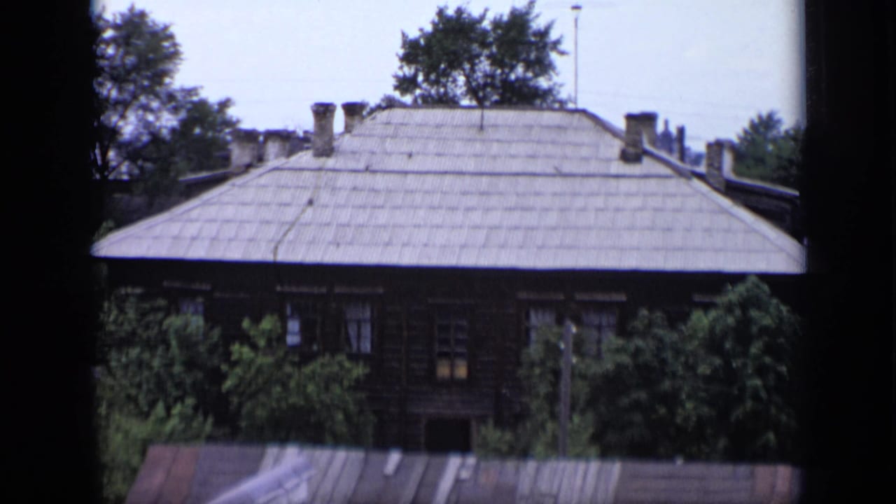 Similar view of the wooden building roofline with chimneys, trees, and a dark vertical frame edge.