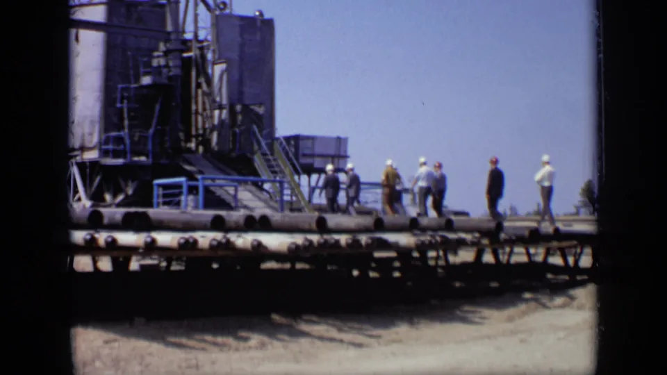 Men in hard hats and suits move past large pipes and industrial machinery at a Moscow worksite, filmed in 1971.