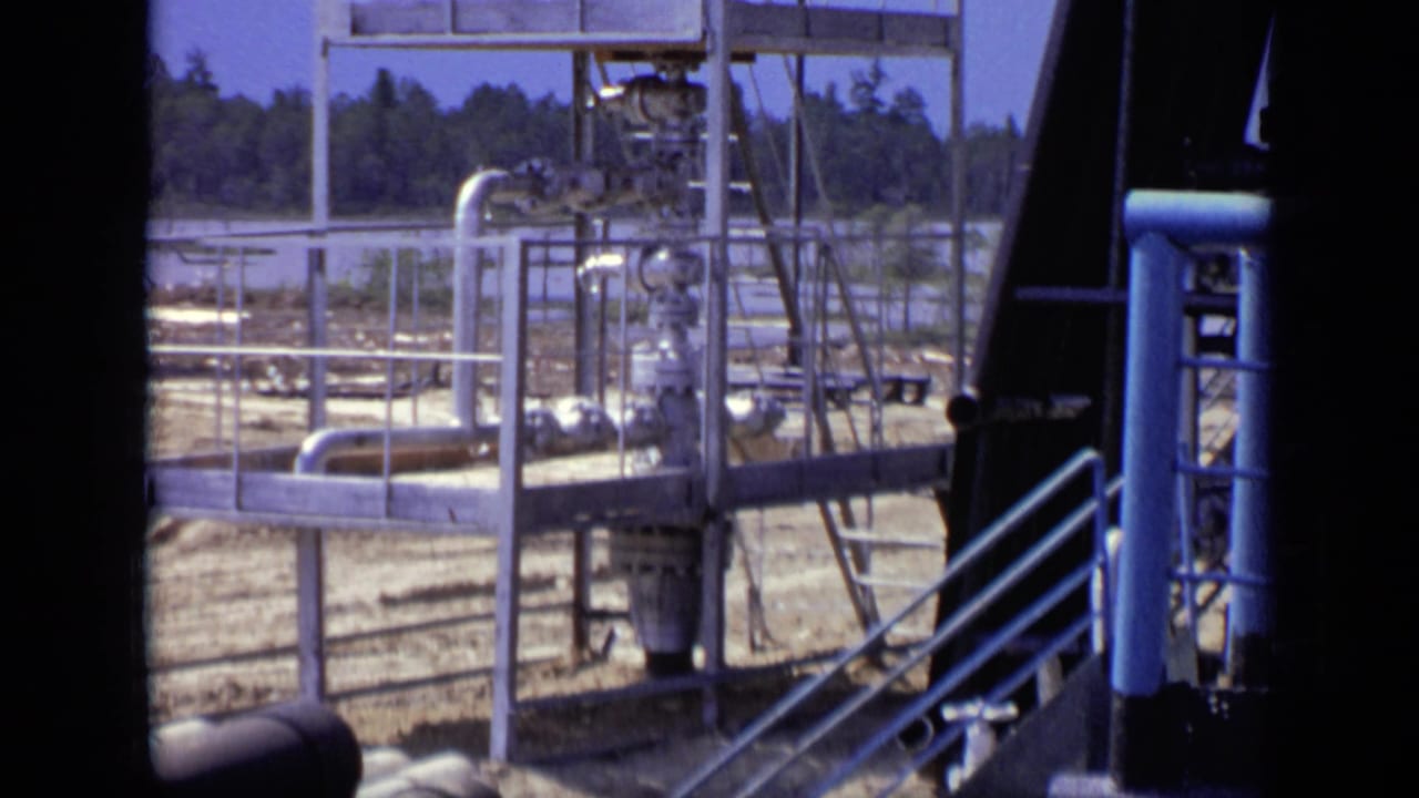 Industrial piping, railings, platforms, and ladder structures appear across an outdoor site.