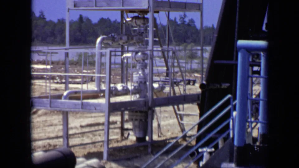 1971 Moscow frame focused on metal piping, railings, platforms, and ladder-like industrial structures under bright daylight.
