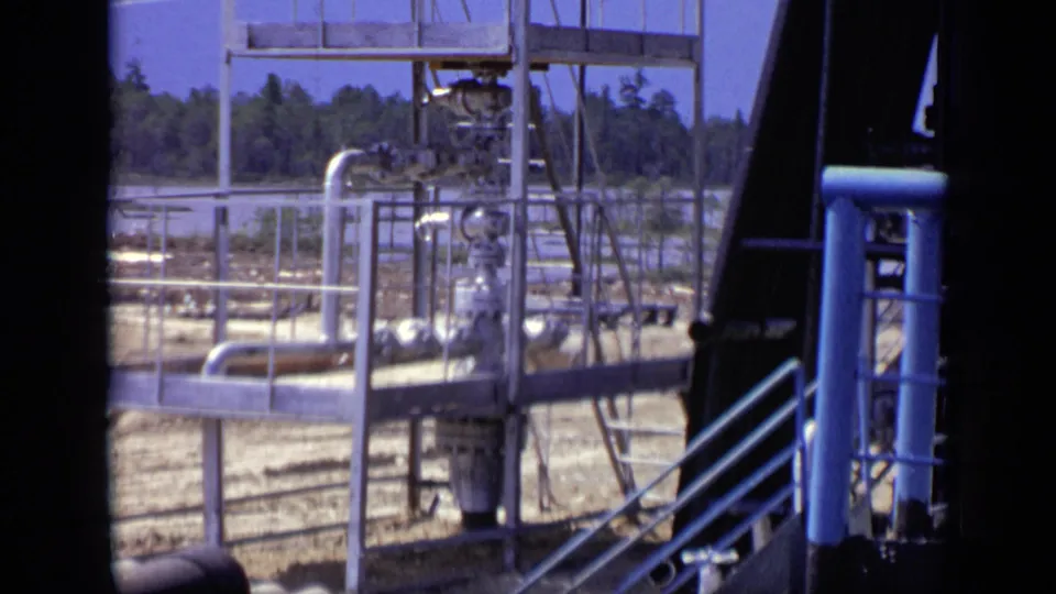 1971 Moscow home-movie view of exposed pipe runs, blue railings, platforms, and industrial framework at an outdoor construction site.
