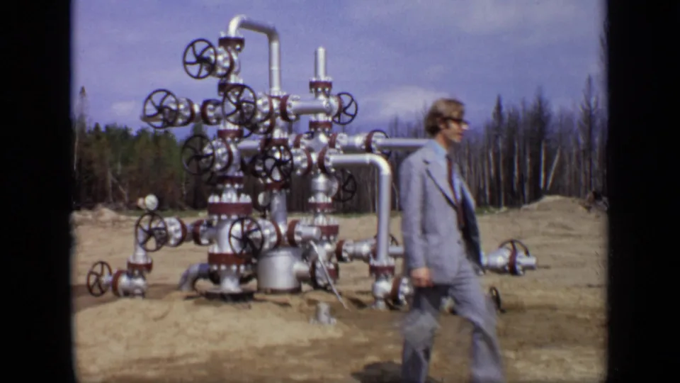 1971 Moscow footage showing a man in sunglasses near a tall industrial pipe assembly with many handwheel valves.