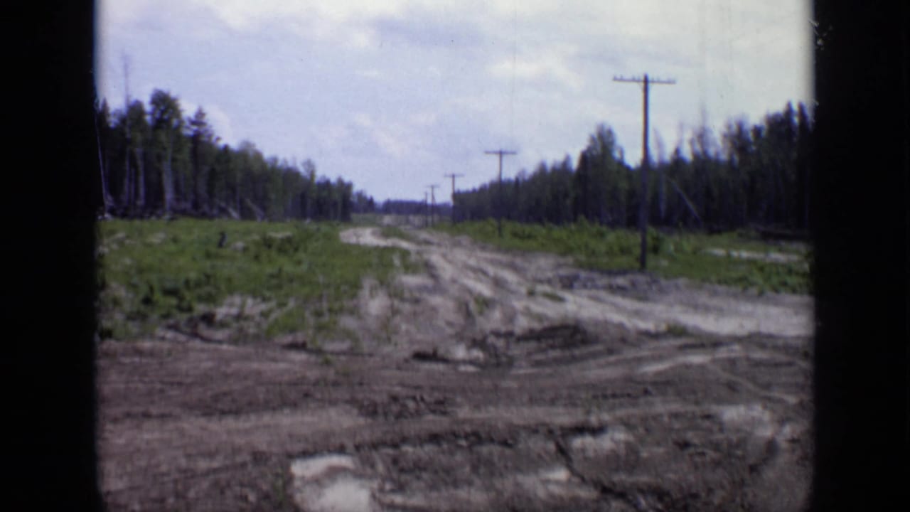 Muddy dirt road runs through cleared land between forest edges and utility poles.