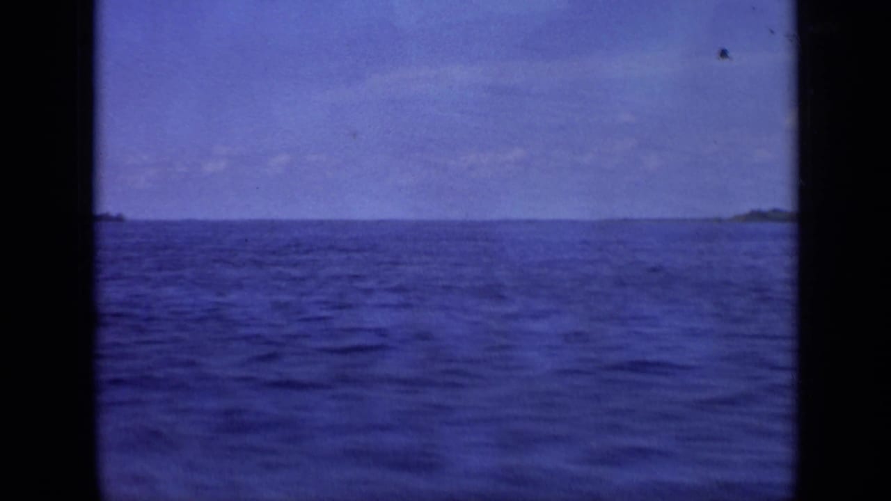 Blue water and a low distant shoreline beneath a pale sky, framed by dark film gate edges.