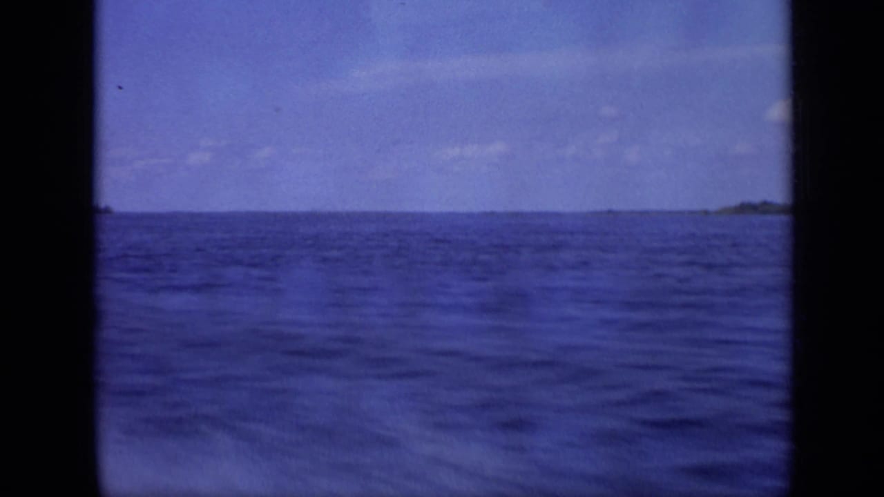 Blue-shifted 8mm view across calm water toward a faint shore, from the Moscow 1971 metadata set.