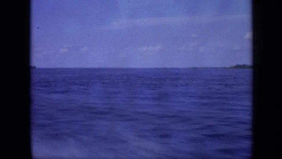 Blue-shifted 8mm view across calm water toward a faint shore, from the Moscow 1971 metadata set.