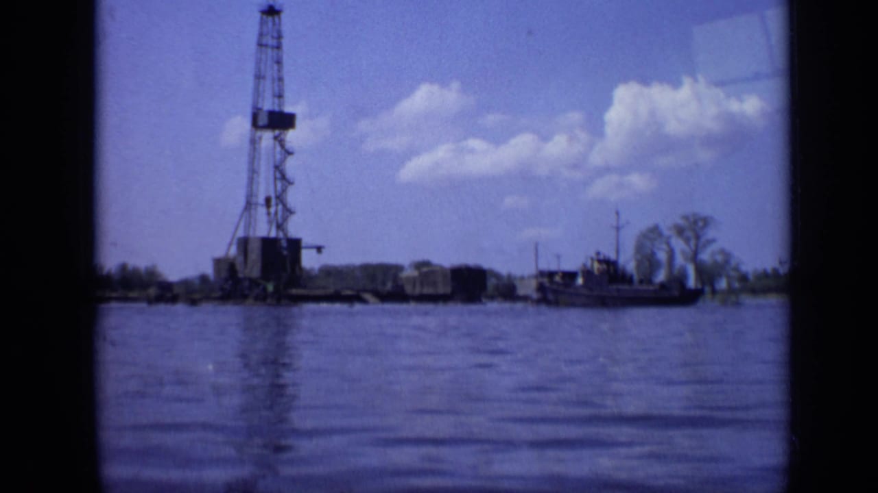 Oil derrick rises over a waterside industrial area with a boat at right.