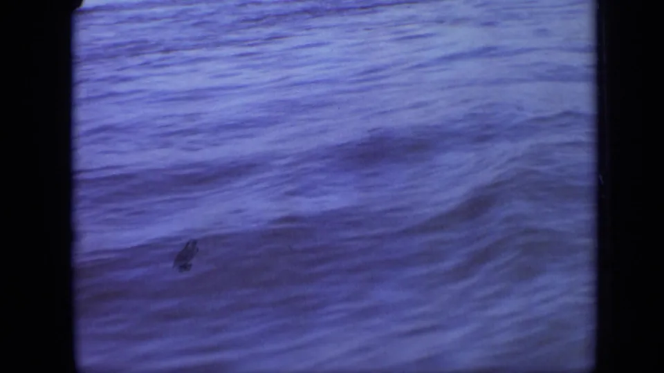 Blue-shifted 1971 8mm frame of rippling water in Moscow, framed by dark gate edges with no people or landmarks visible.