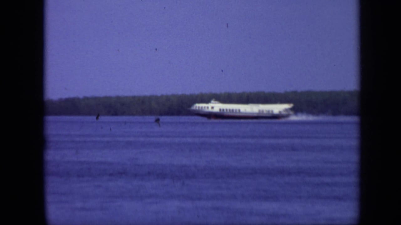 White passenger ferry crossing a wide blue river near a distant tree-lined shore.