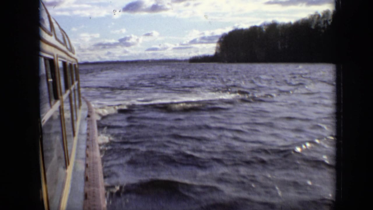 Boat side and lake wake with a wooded shore in the distance.