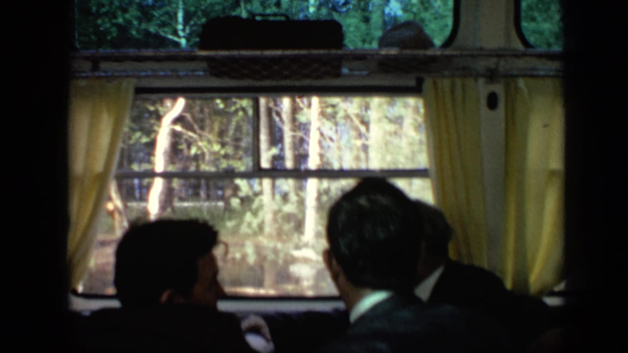 Passengers in dark clothing look through curtained cabin windows at a forested bank during a 1971 Moscow river trip.