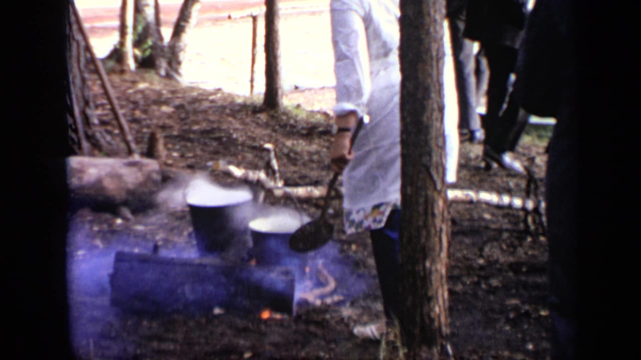Person in a white coat tends pots over an open fire among trees.