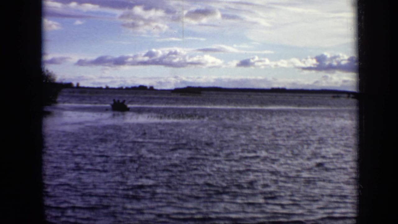 A small boat appears on the river in Moscow, filmed from a shaded bank on 8mm in 1971.