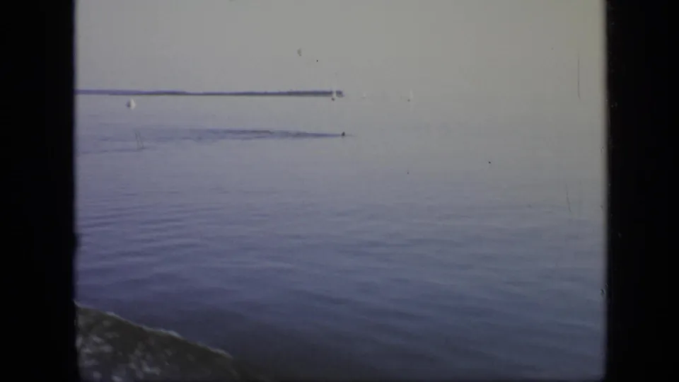 1971 8mm home-movie frame showing calm open water, a pale sky, and a faint distant shoreline or vessel line.