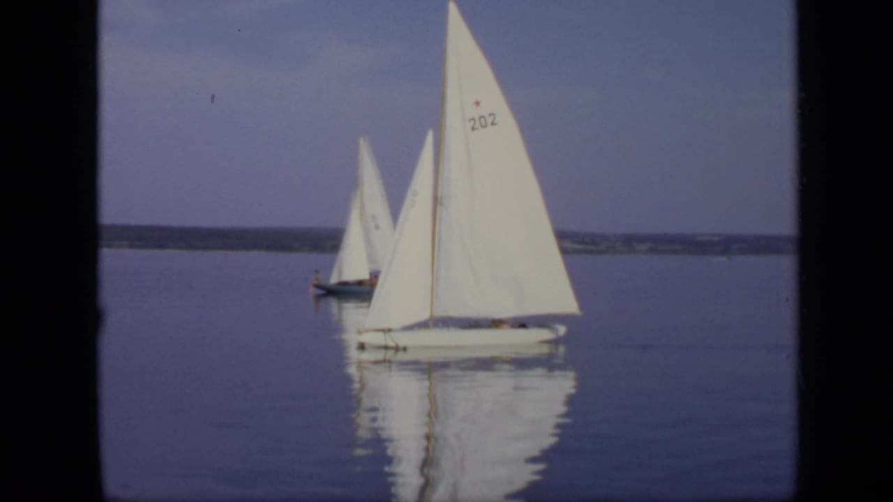 Two white sailboats on calm water with reflections and a distant shoreline.