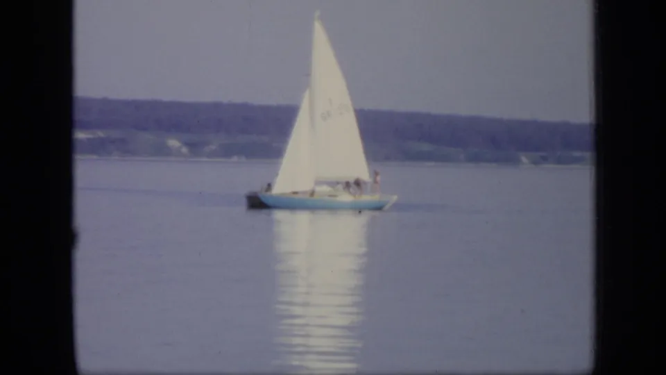 A small white sailboat crosses reflective lake water with a wooded shore in the background.