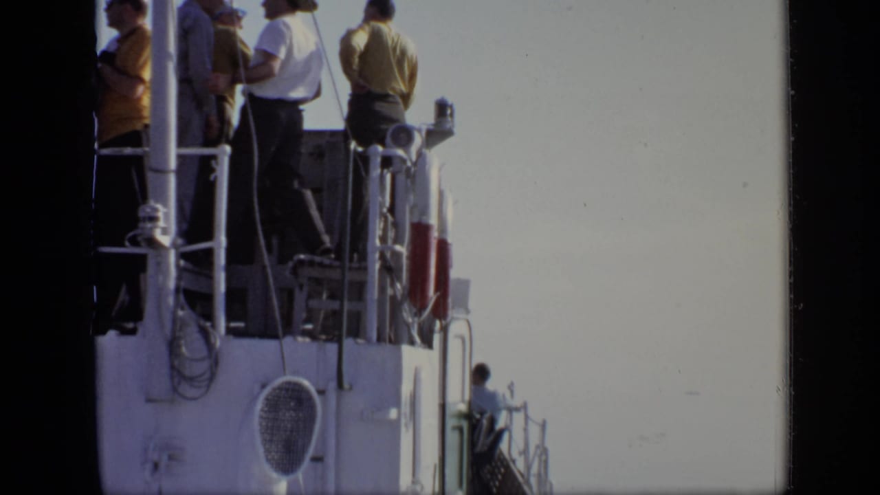 Adults stand near railings on the upper deck of a boat under a pale sky.