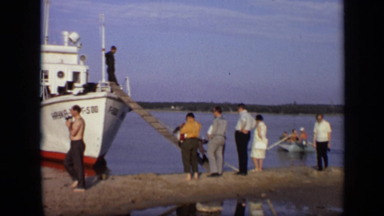 A group stands by the water as a white boat rests against a wooden gangway.