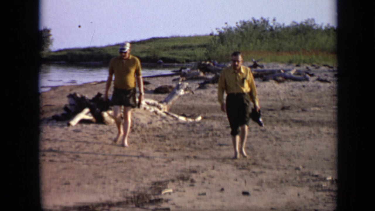 Two men walk barefoot along a sandy lakeshore with driftwood nearby.