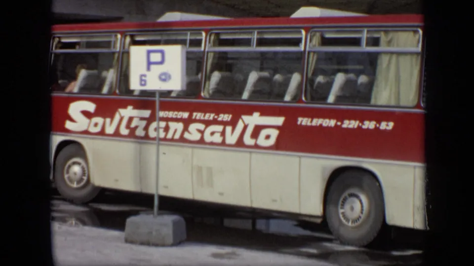 1971 Moscow view of the Sovtransavto coach side, showing the company name, Moscow Telex text, passengers, and a P 6 sign.