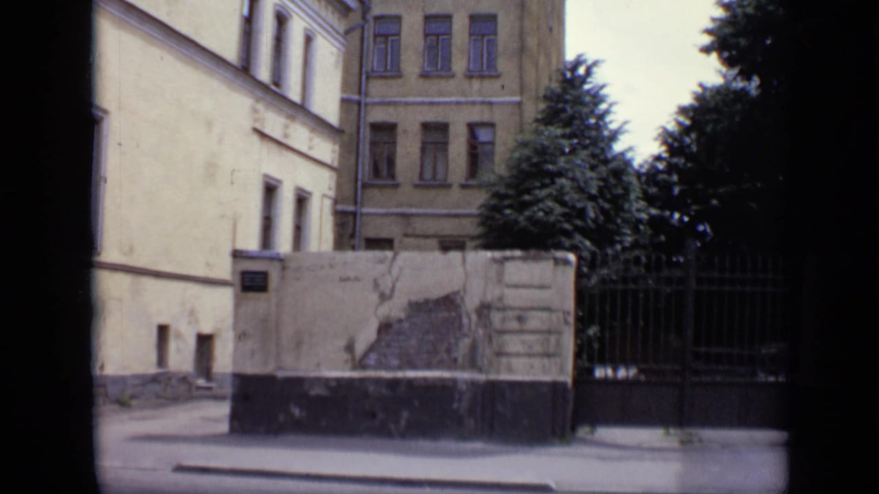 Street-side building facade, cracked wall, metal gate, and trees.
