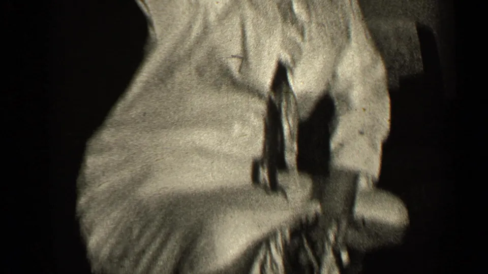 The woman in the light suit leans forward over the chair, partly obscured by shadow in the 1947 Illinois interior.