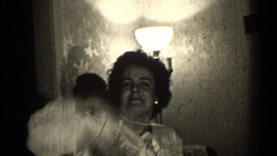 A woman in a light suit and pearls faces the camera beneath a bright wall lamp in the dim Illinois home interior.