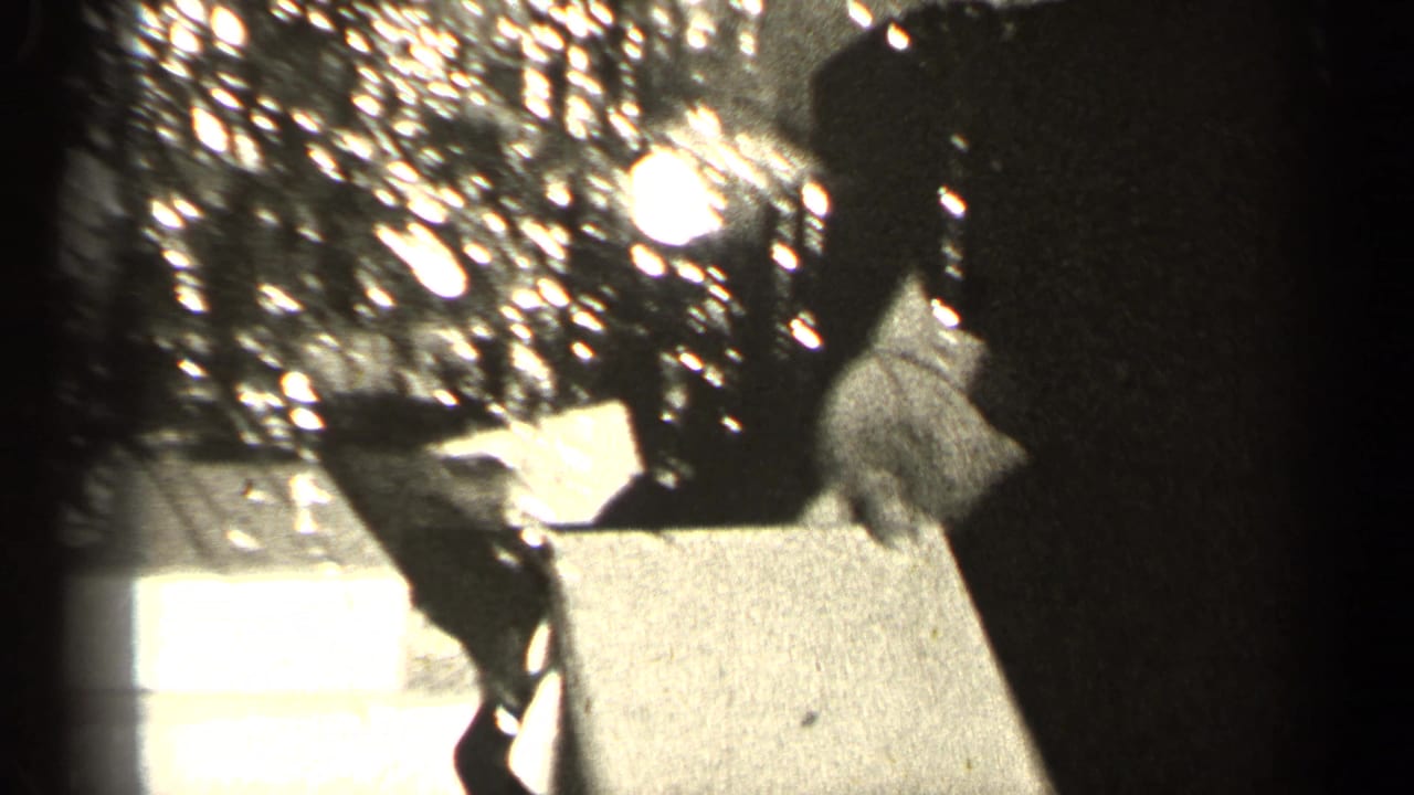 1947 Illinois home-movie frame with hands near a wrapped box and a bright Christmas tree in the background.