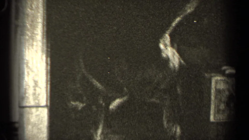 In 1947 Illinois home-movie footage, a dark puppy stands near chair legs in a shadowed domestic room.