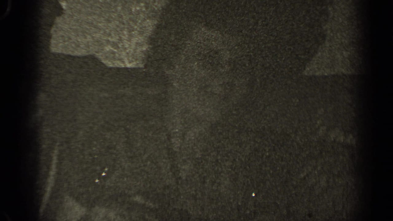 Grainy 1947 Illinois 8mm frame of two adults seated close together on a couch, their faces partly obscured by shadow.