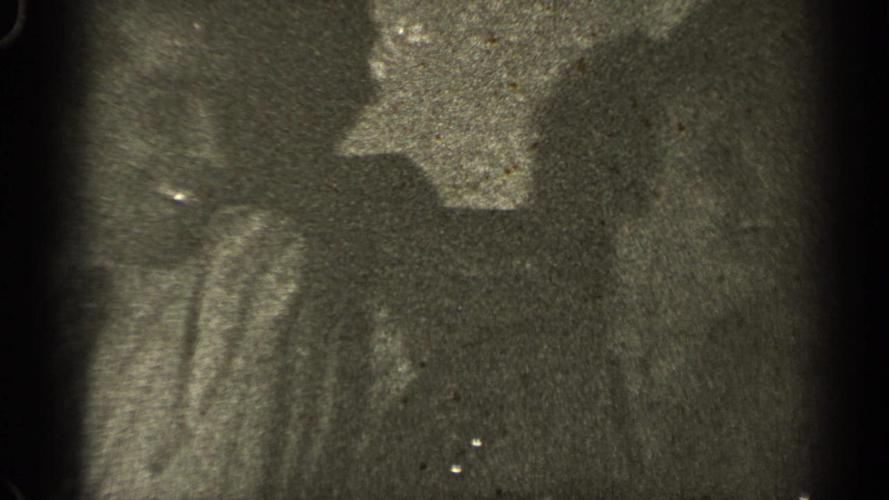 Adult woman and man on a couch, partly hidden by shadow and film grain.