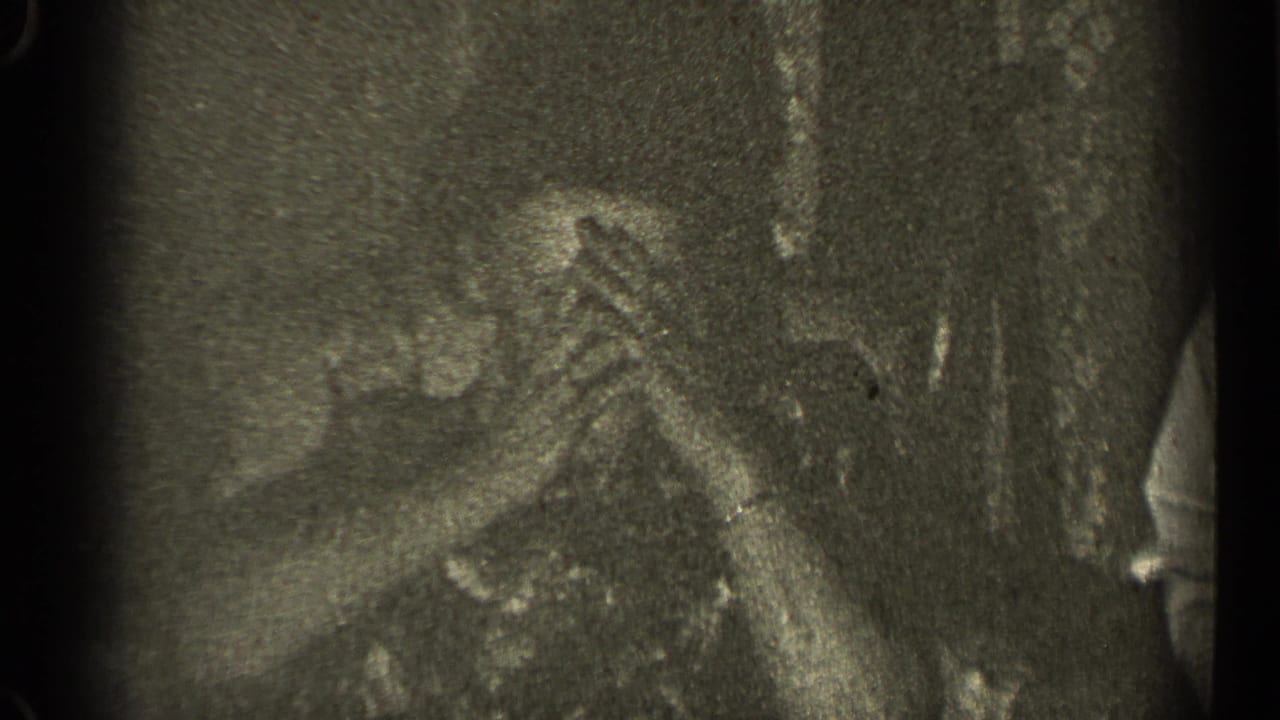 Adults at a 1947 Illinois gathering raise clasped hands in a candid, softly exposed 8mm home-movie frame.