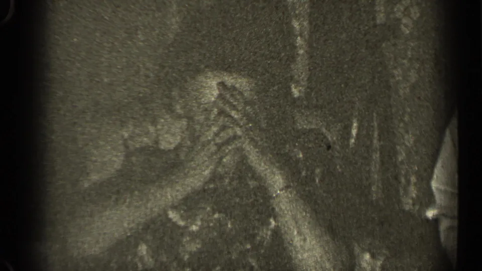 Adults at a 1947 Illinois gathering raise clasped hands in a candid, softly exposed 8mm home-movie frame.