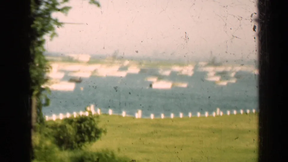 1947 Illinois 8mm frame showing a grassy shoreline, trees at the edge, water, and numerous small boats offshore.